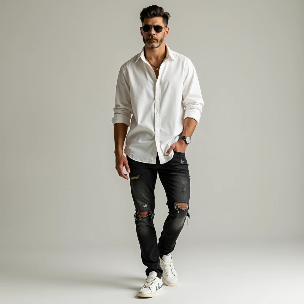 39 year old man ,  athletic body clothing , distressed black momotaro jeans pants  , white oversized shirt , Tods sneakers , pilot sunglasses 