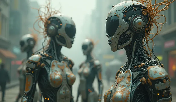 Hybrid beings of flesh and metal walking among normal humans, representing the fusion of humanity and AI, cinematic, camera capture and ultra realistic, with spiritual characteristics