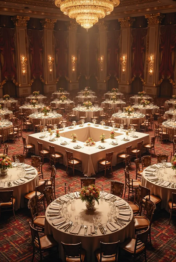 Give me a plan of a celebration room that is as real as possible. There has to be a square presidential table for 10 people and the rest are round tables for a cavity of 50 people.