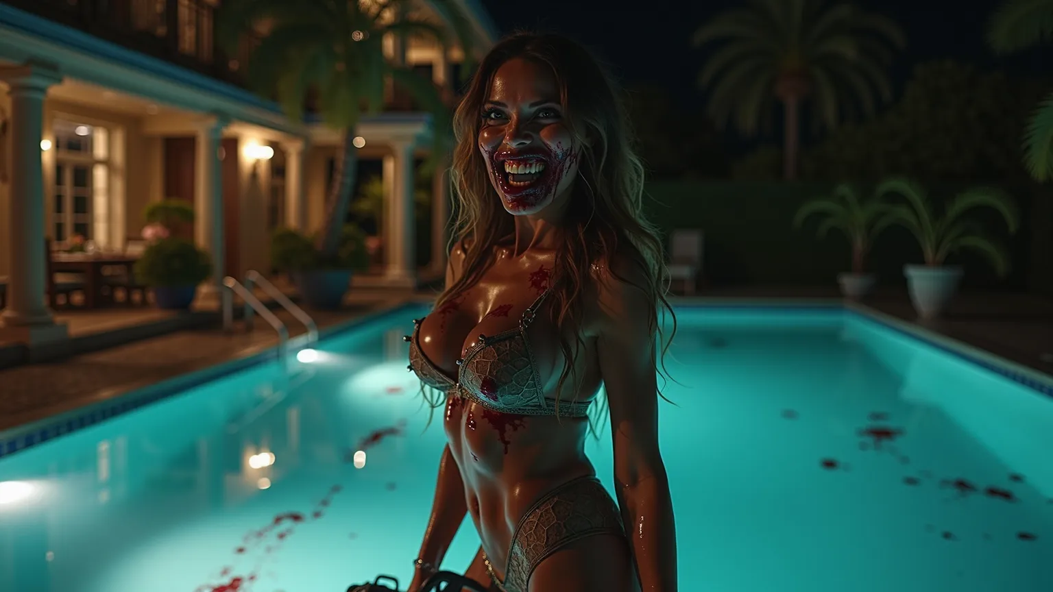 Full-body shot: A stunning woman stands near a luxurious swimming pool at night, wearing a dangerously revealing, sexy swimsuit that barely covers her massive, firm breasts and curvy, toned body. Her wet skin glistens under the dim mansion lights, her hour...