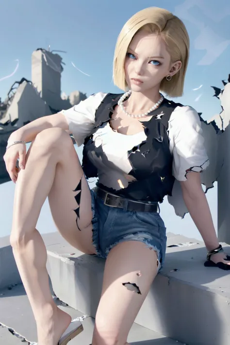 Highest quality, High Resolution, AND18, 1 girl,  Android 18, Alone, blond hair,  blue eyes, belt, jeans, Pearl_necklaces, bracelet, black gloves, white shirt,  short hair, short sleeve, earrings,  blue pants, open vest,  black vest, big breasts, (Ruins:1....