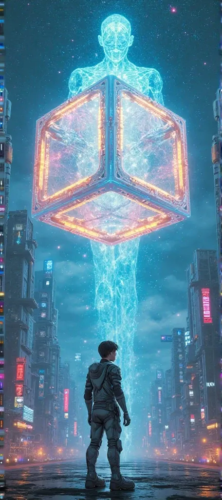 A futuristic book cover for "Cubo Quântico." The cover features a massive glowing cube hovering over a high-tech city with neon lights. In the foreground, a young man, Kilian, stands wearing a sleek cybernetic suit, gazing at the cube with determination. B...