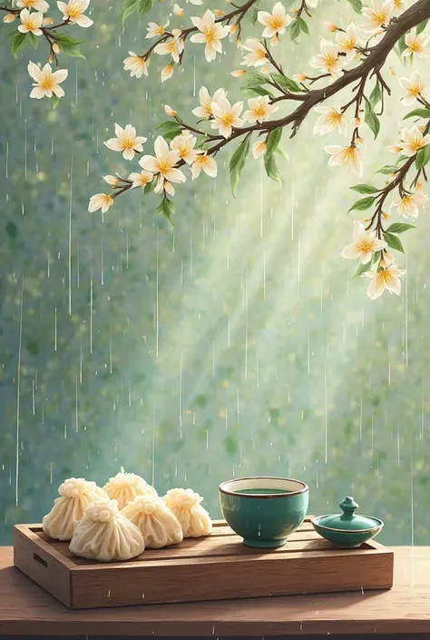 Spring rain, drizzling

Willow branches swaying gently

Tranquility

Remembrance

Nostalgia

Illustration style: fresh and elegant, soft colors

Traditional elements: Qingtuan (green rice dumplings), tea set, guqin (ancient Chinese zither)