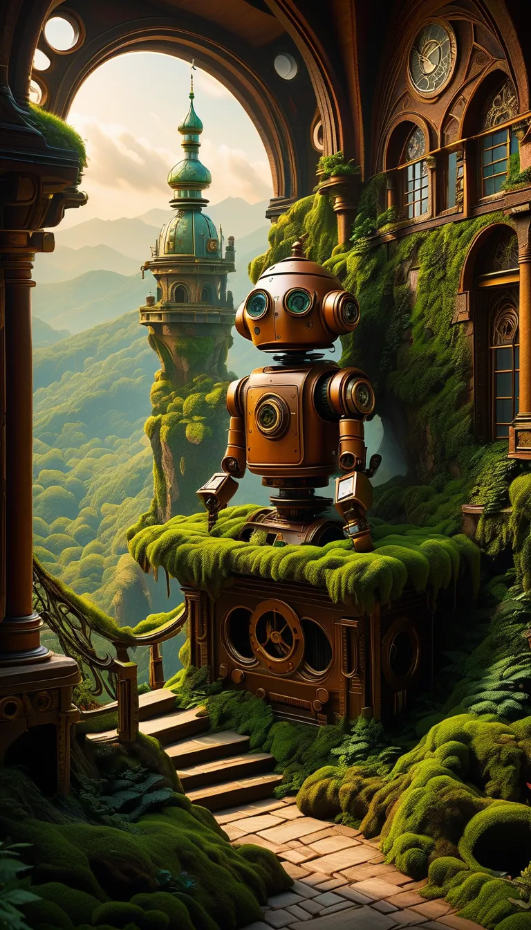 (Highest quality,4K,8k,High Resolution, masterpiece:1.2),超High Resolution,(realistic,photorealistic,photo-realistic:1.37),Inside the castle in the sky,((Look up at the acrobatic movements of an old, slender steampunk robot monk with moss on it)),Beautifull...