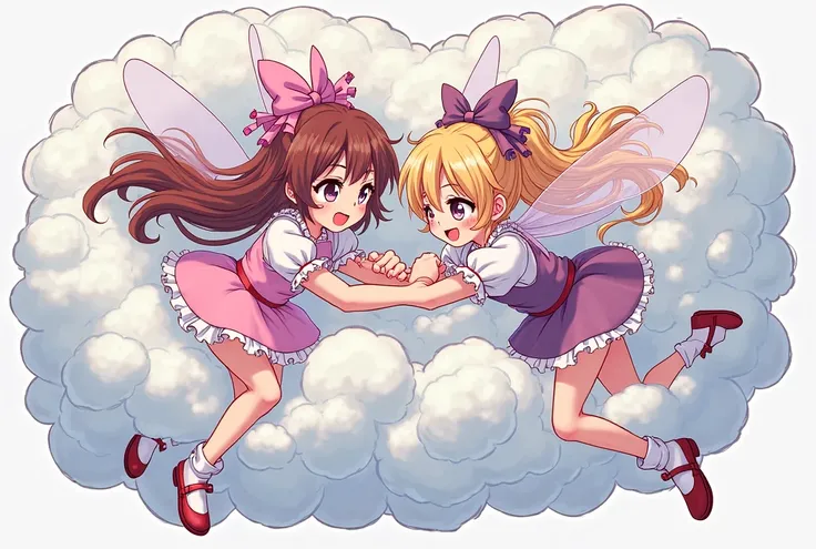 An anime-style illustration depicting many fairy-maids playfully wrestling with each other inside a magic comical fight cloud.
each maid has different colored hair.
their faces,hands,and feet are visible emerging from the cloud as they tussle humorously,  ...