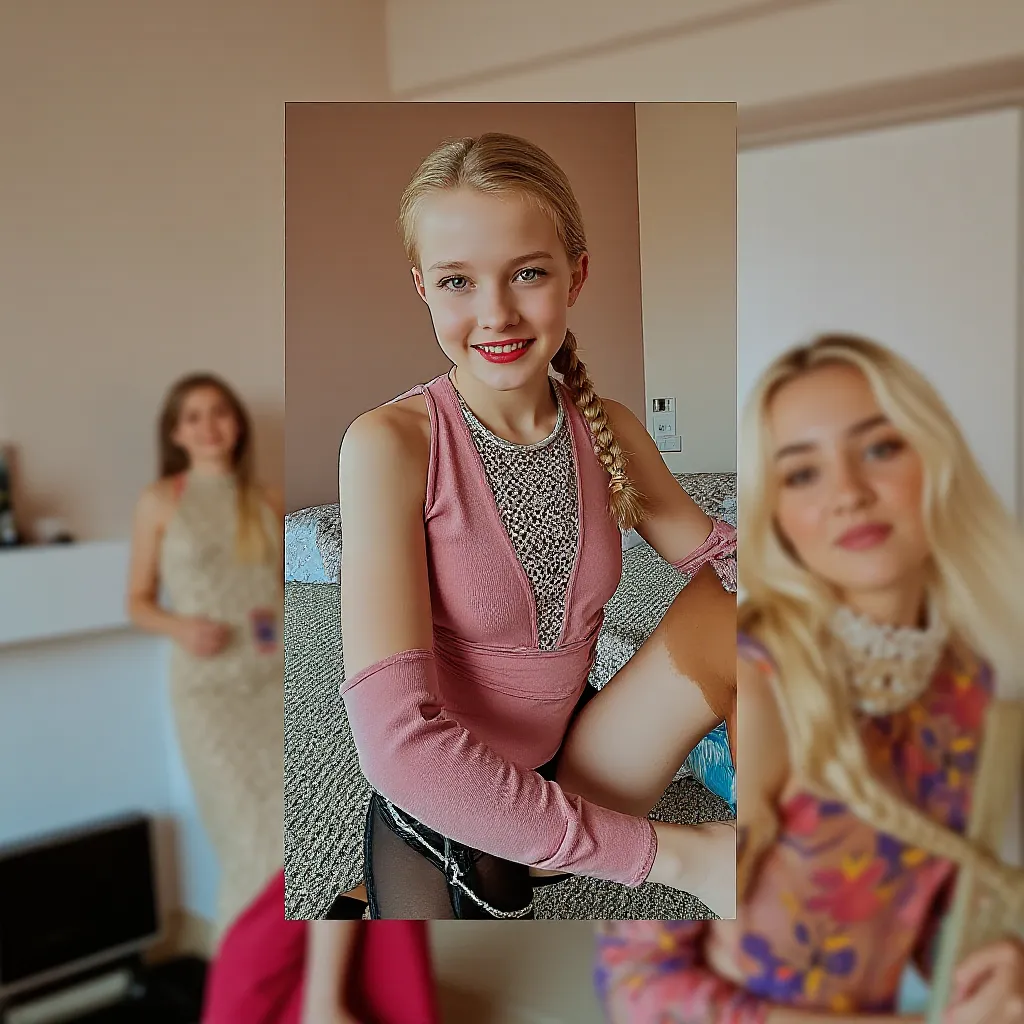 four pretty Norwegian young girls , age 13, with cute faces , blonde hair in braided braids , extremely thin bodies , thin waists , narrow hips, large gaps between hips , Slender legs , beautiful happy smile , ultra-realistic photography , in tight tiny co...