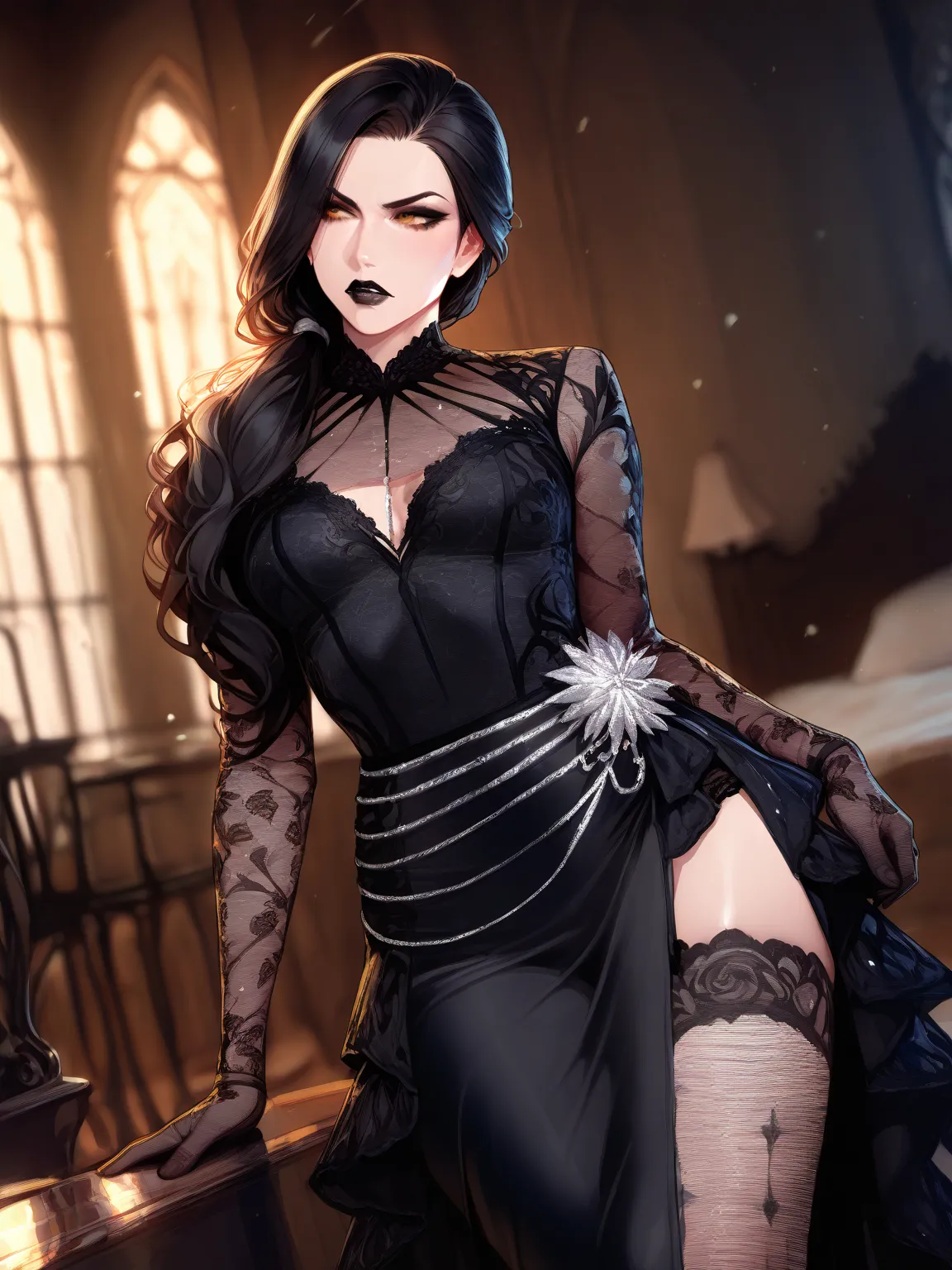 Female, Athletic body, Black long hair tied in a tight ponytail, serious look, orange-yellow eyes, black lipstick, Black ornate dress, long cut-out skirt, High heels, Lace stockings, long lace gloves, shine body, the background is a medieval black bedroom,...