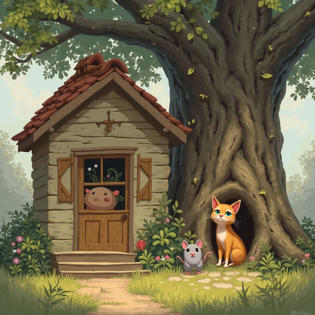 Scene 1: A cozy little house near a big old tree, where Tom the cat sits by the window, and Max the rat peeks out from a tiny hole in the wall. The atmosphere is warm and inviting