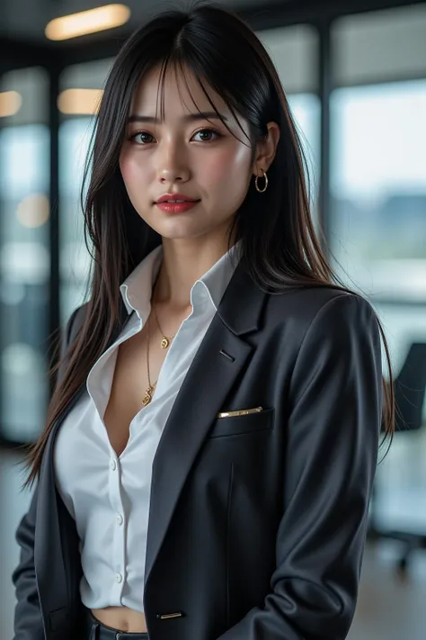 Highest quality, Sleek long black hair , long dark haired professional office lady, dynamic squat pose, detailed eye and skin texture, STUDIO LIGHTING, 30 years old,  dark eyes, Elegant, Medium Breast,  plump lips, earrings, necklaces, Charcoal Tight Suit ...