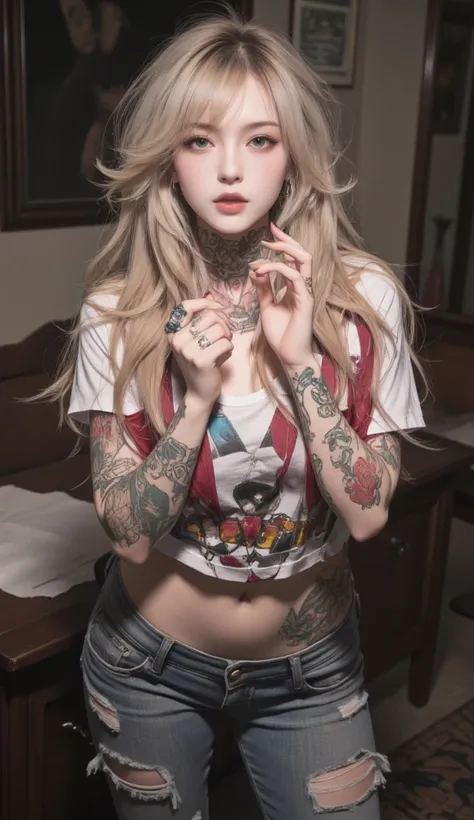 ((sexy portrait, (from above, Dynamic shot), Bold and seductive pose), a beautiful blonde woman, Long hair, tattooed body, tattooed hands, tattooed neck, Alone, colorful sweet sigh, Melancholic weakness, Passionate dating, (wearing a T-shirt, ripped jeans,...