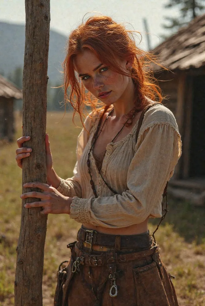 Redhead Pioneer Girl. Located in a pioneer camp. sexually licks a pole