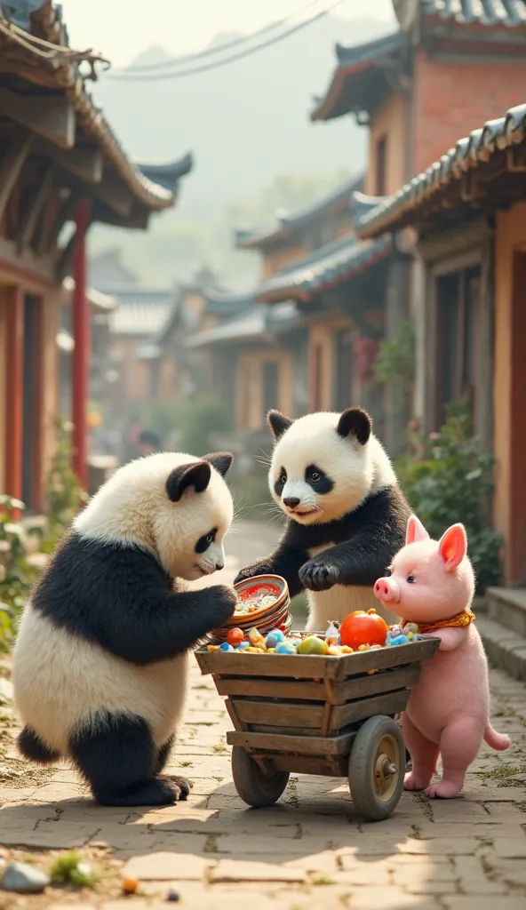 A human-like cat (bili) standing on two legs near the panda's cart, picking up a plastic plate and examining it closely. Another panda, standing nearby, is also looking at small household trinkets, holding one item in its paw. A pig (pigi), also standing l...