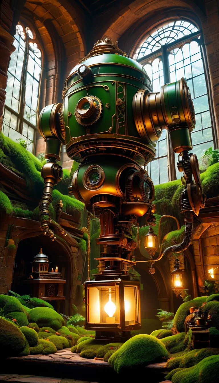 (Highest quality,4K,8k,High Resolution, masterpiece:1.2),超High Resolution,(realistic,photorealistic,photo-realistic:1.37),Inside the castle in the sky,((Look up at the acrobatic movements of an old, slender steampunk robot monk with moss on it)),Beautifull...