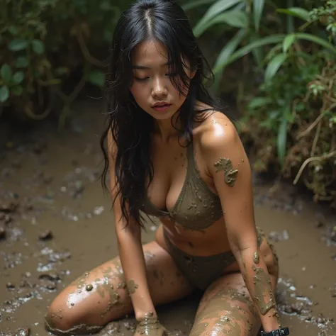 Full body view of a sexy Asian woman who plays with mud, spreads mud all over her body and gets dirty all over her body, and crawls through the mud in a micro bikini