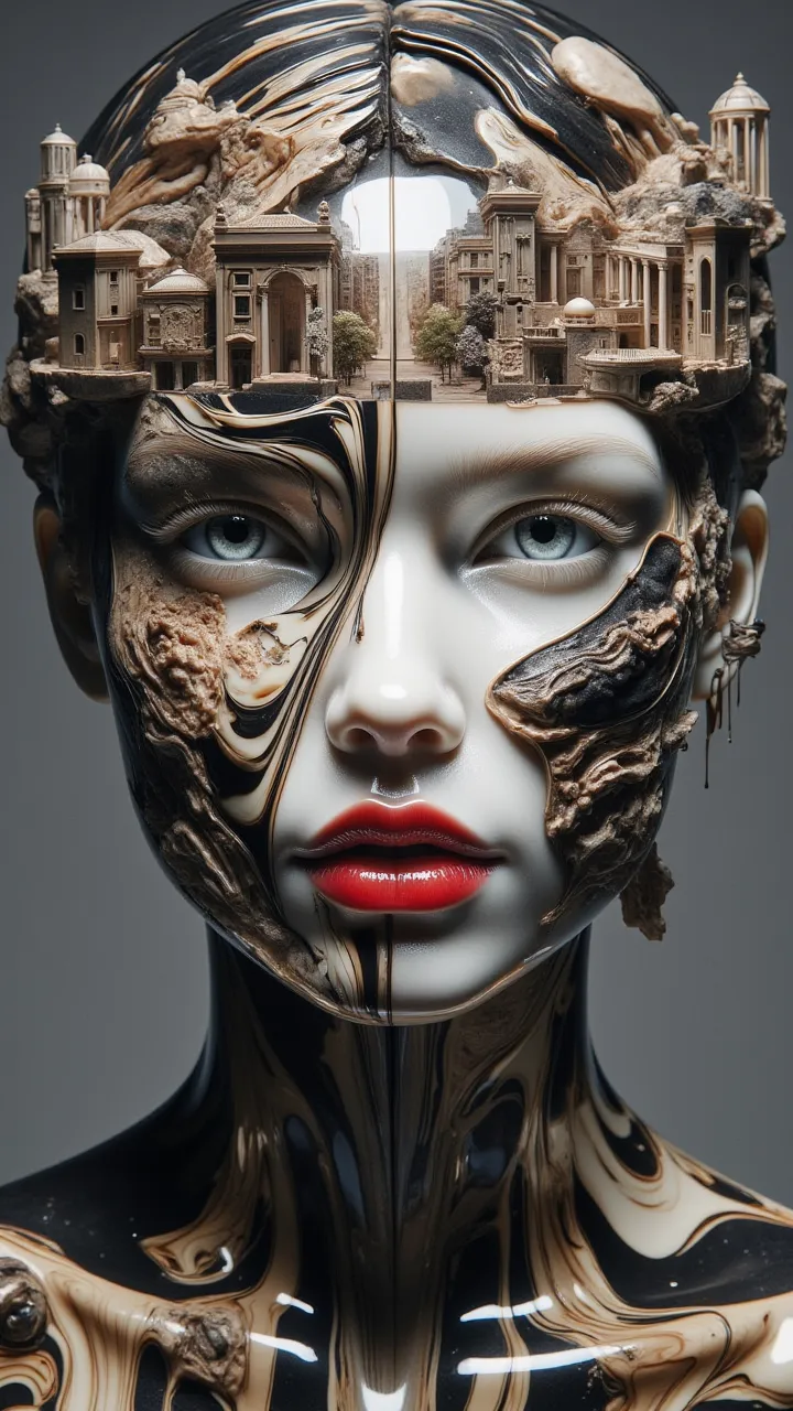 nkv style abstract, porcelain liquid, black, gold and white, red  lips, Blue Eyes 3D Rome city on her face. masterpiece