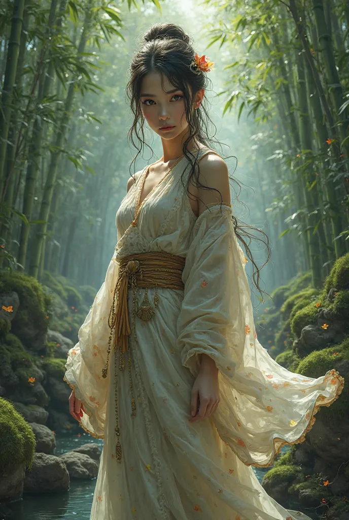 A picture of sexy a girl in a Japanese style forest