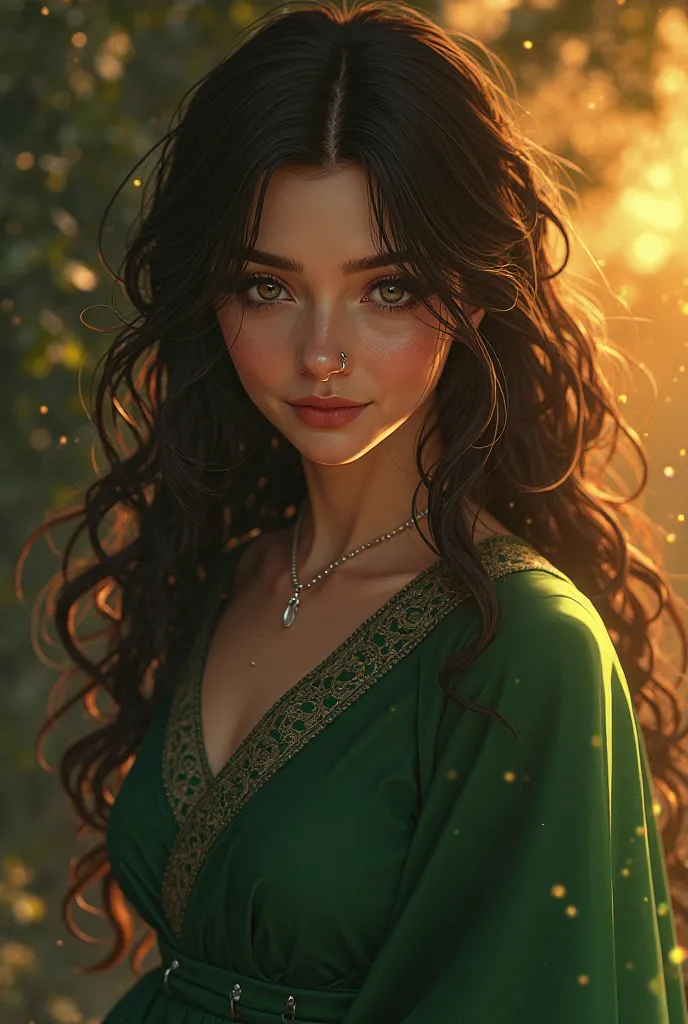 The woman has flowing, midnight-dark hair cascading in soft waves, her deep, expressive eyes shifting in color like a chameleon—sometimes an intense black, other times a warm, inviting brown. A small silver nose piercing glints subtly, adding to her enigma...