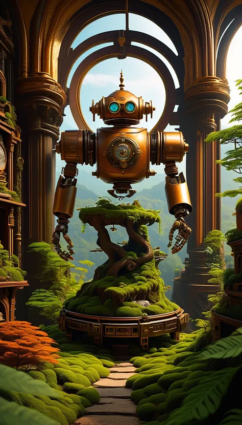 (Highest quality,4K,8k,High Resolution, masterpiece:1.2),超High Resolution,(realistic,photorealistic,photo-realistic:1.37),Inside the castle in the sky,((Look up at the acrobatic movements of an old, slender steampunk robot monk with moss on it)),Beautifull...