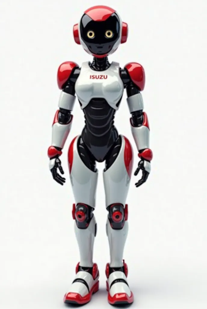 Women Mecca Robot, a combination of white, red and black, It says (ISUZU) on the chest, White background, Very realistic, finest details, very natural, cinematic, Have a friendly face, Front look, The robot will be the mascot of a company called ISUZU, Cam...