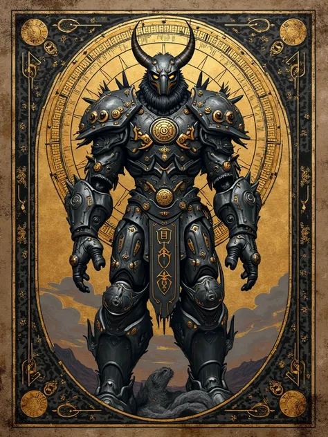 Look sideways，Titan giant，Runes engraved on a quaint mecha，on dark brown canvas bottom background， with black and gold tarot pattern framing ，ral-dissolve，wild，Rough，wild的星球场景， details， high quality， Ultra HD， xane value rendering，realistic的肖像，Light art，mo...