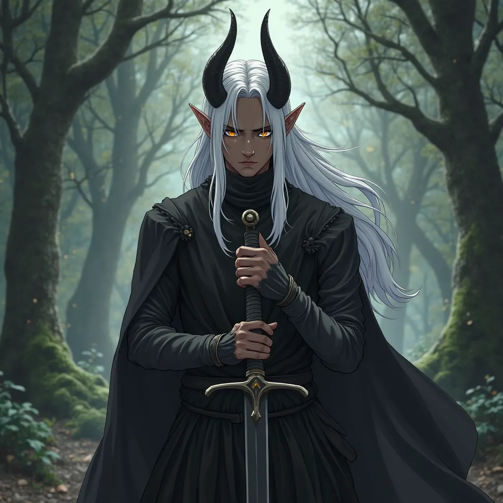 Long white-haired male is strangled, has black horns on his head, gold-colored eyes , feminine face, wears all-black clothing and robes, dark skin, elf ears , wielding a black-colored sword, dragon sacred forest landscape, gay anime