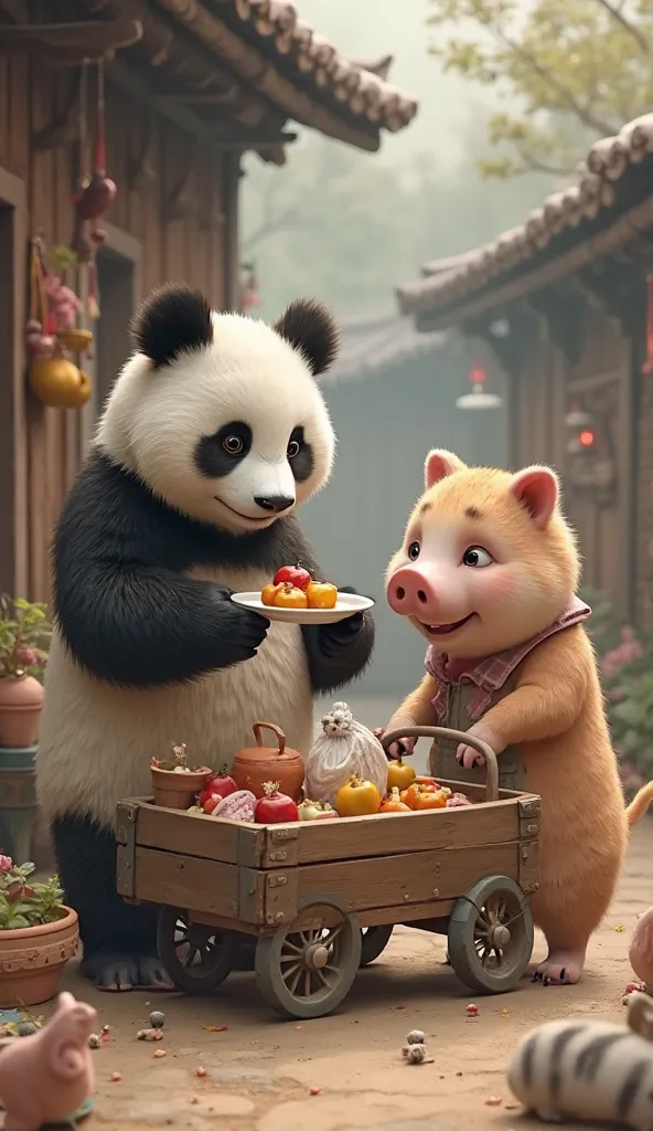 
The selling panda is now placing the purchased plate into a small transparent plastic bag and handing it over to the cat (bili). The pig (pigi) and the other panda continue to stand nearby, observing and selecting household items and toys. The cart remain...