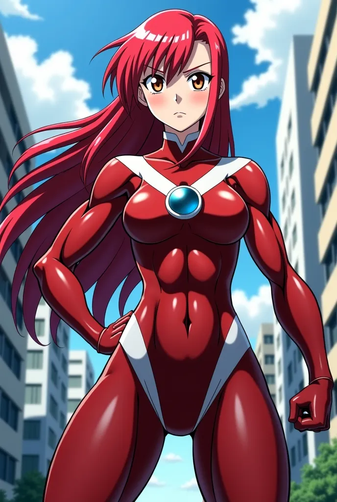  My Hero Academia Style , Anime girl, female, young female,muscular female,Full Body Shot,(fighting Pose:2),Long hair, Red Hair,  Brown Eyes,Hero Suit, Full Body Suit, red suit with white details,small round blue jewel in the center of the chest, perfect a...