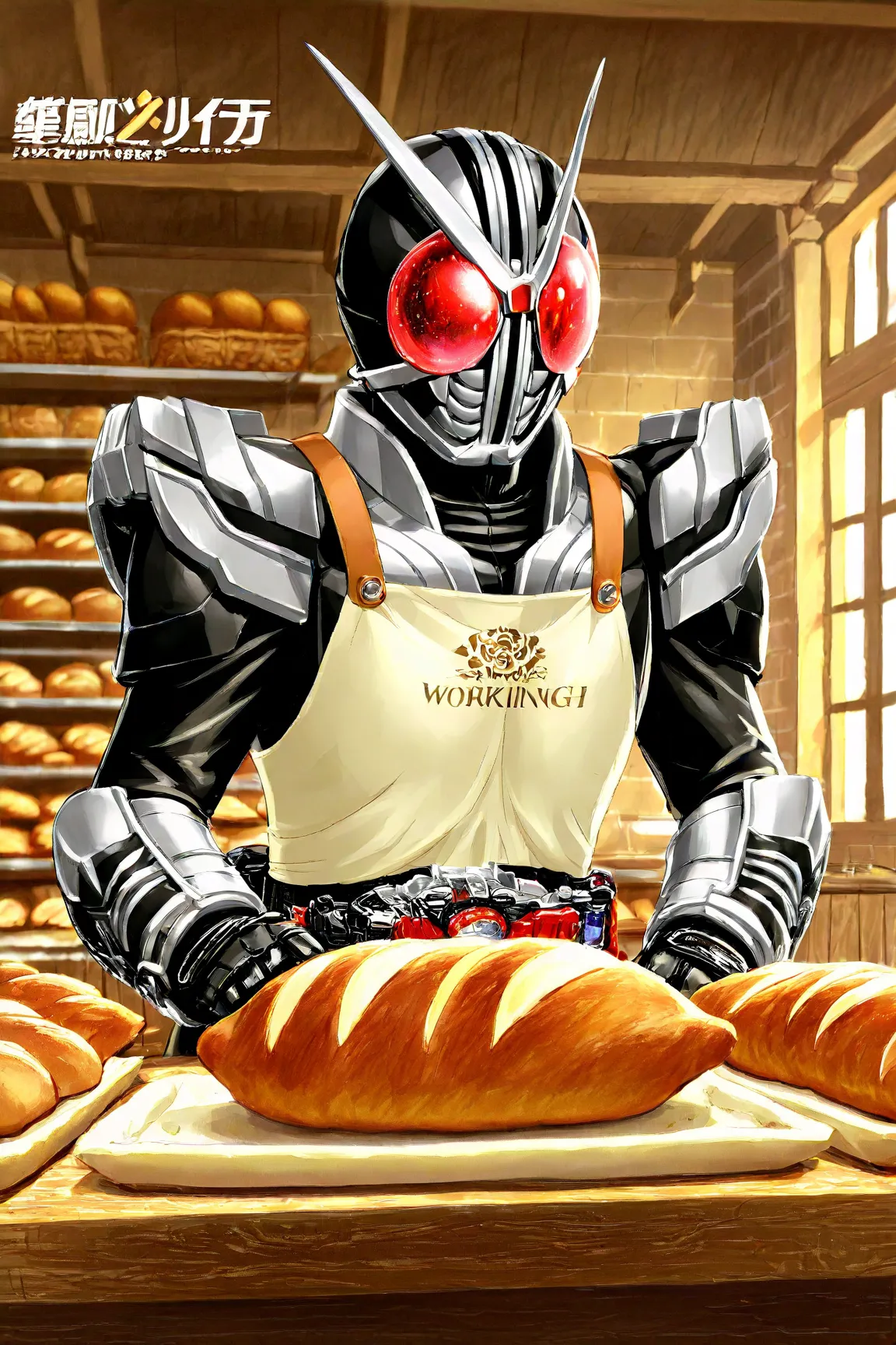 Kamen Rider sells bread at the bakery,wearing an apron,Kamen Rider working at a bakery,exhaustive,Highest quality, of the prairie ,masterpiece,High Resolution