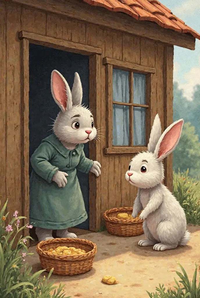 An elderly gray-white rabbit, Grandma Nine, stands at the window of her small wooden house, looking worried. Outside, the white-brown rabbit Tuli is at the door, ready to help, with a determined and kind expression. Empty food baskets are scattered around ...