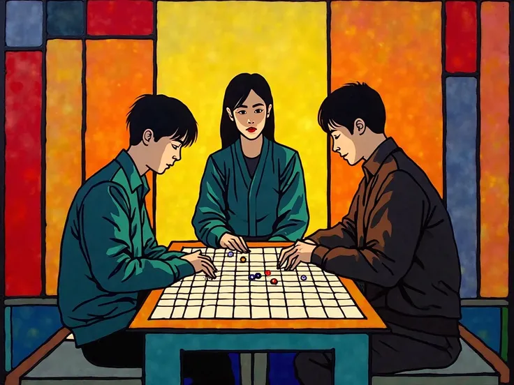 An image of two rens playing Go on a 19-square board, with a teacher watching their game. Abstract interpretation in stained glass style. Simplified geometric shapes and bold color blocks representing the essence of the subject. Vibrant, contrasting jewel ...