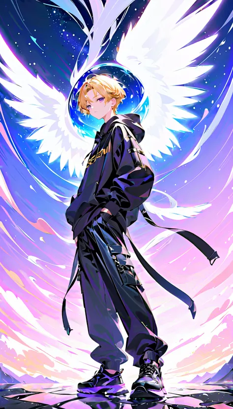 A young boy with soft, flowing golden-blond hair that gently sways in the wind, shoulder-length. His delicate eyelashes frame deep purple eyes that shimmer with mystery. He wears an oversized black hoodie, loose black denim pants, and sleek black leather s...