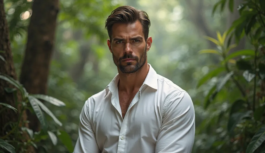 Make a handsome man, Paras Rupawan,  wearing a white shirt , jelmaan of the great apes, forest background in Indonesian Borneo. 