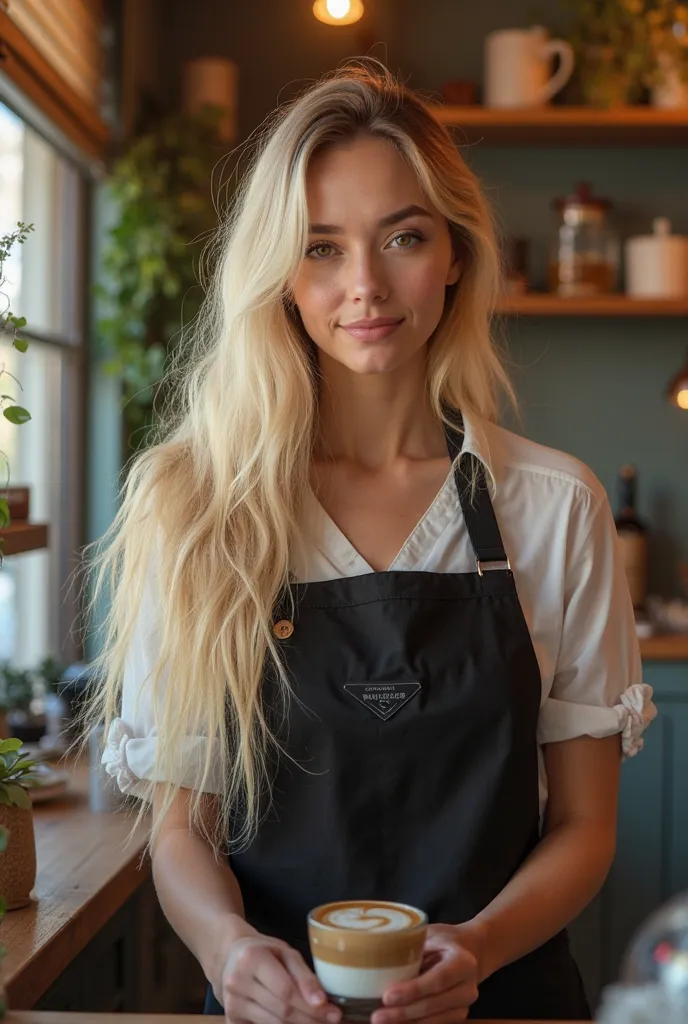 very attractive caucasian girl with very long very straight blonde hair, age 27, wearing a black apron working as a barister, smiling