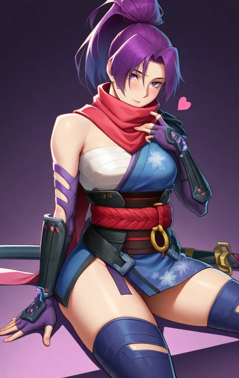 masterpiece,Great image quality,Highest quality,Psylock Rivals,1 girl,Alone,thigh high socks,gloves,purple eyes,Ponytail,purple hair, Japanese Clothes,elbow gloves,fingerless gloves, kimono, scarf,band,heart,high Ponytail,sheath,red  scarf,Exposing,Ninja,b...