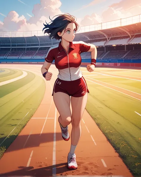 best quality,1 woman,25 years old,athlete body,Very tall,(blnde hair:1.2),very short hair,bob cut,hair intakes,forehead,big eyes,cool,medium breasts,track and field uniform,,short socks,running shoes,wristband,running,spring,morning,clear weather,field day...