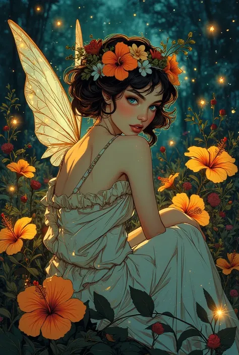  A  drawing of a fairy wearing a flower crown, with translucent wings, she is sitting in a field of hibiscus flowers of diffrent colors and glowing fireflies surrounds the enviroment.the title of the book is :fae prophecy . The authour is :savage_tommie. M...