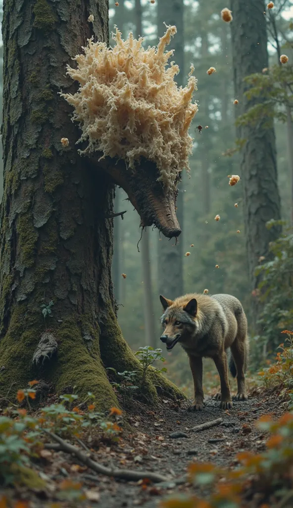 A starving wolf prowls a rotting forest, its fur matted with dirt, while a grotesque fungal horror clings to a nearby tree, its spores drifting lazily in the air. As the wolf sniffs the ground, the spore cloud thickens, and the boundary between predator an...