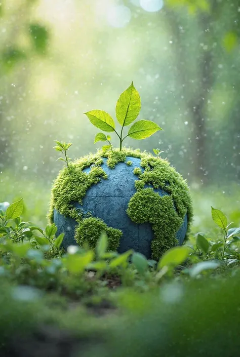 Earth、Environmental friendly、 Sustainability、Earth中心构图，surrounded by greenery and clean energy symbols、Future technology style：Combining green cities with smart ecology、加入Environmental friendly标志（like green leaves、Cyclic arrow）

