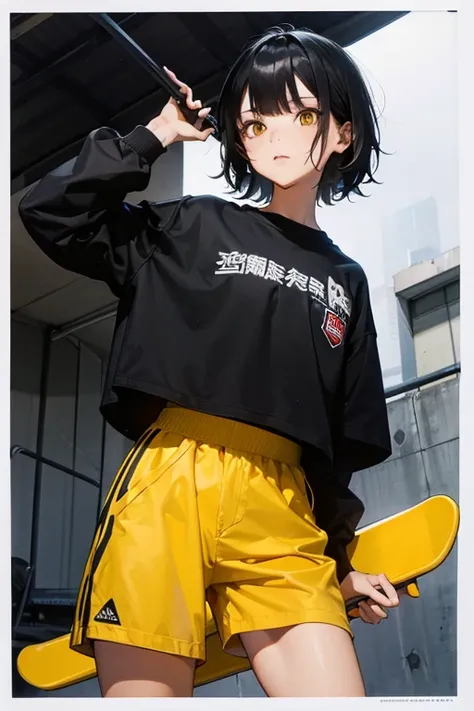  High Resolution,   boyish ,   1 girl,  black hair, Sporty shortcuts,   asymmetrical hairstyle  ,  Asymmetrical bangs,   yellow eyes,  There are three circles in the middle of the eye,  Skater Style Street Fashion, slightly oversized bottoms, standing, fut...