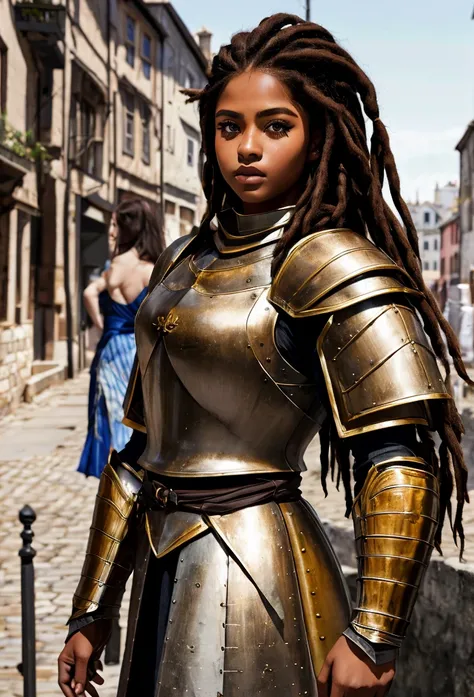 18 year old brown woman、 beauty、blond with a big face、blond with a big face、Warrior in armor、Completely naked、 dreadlocks、background　medieval port city、high quality p、upper body