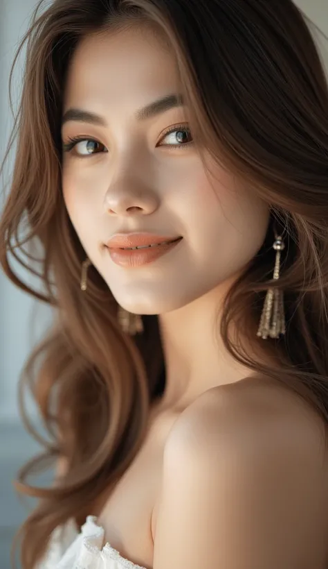 "An extremely realistic woman in ultra realistic 8K quality.  She is incredibly beautiful , with perfectly harmonious features, a captivating look and an enchanting smile. Your skin is flawless, her hair shines softly under the light, and his eyes have a m...