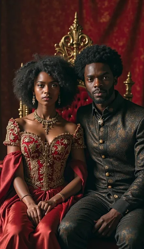 arafed image of two people black women black men  dressed in costumes sitting on a throne, , royal portrait, biopic, 4k still, masterpiece', movie promotional image, black supremacy, 16384k film, by Róbert Berény, movie still 8 k, historically accurate, ba...