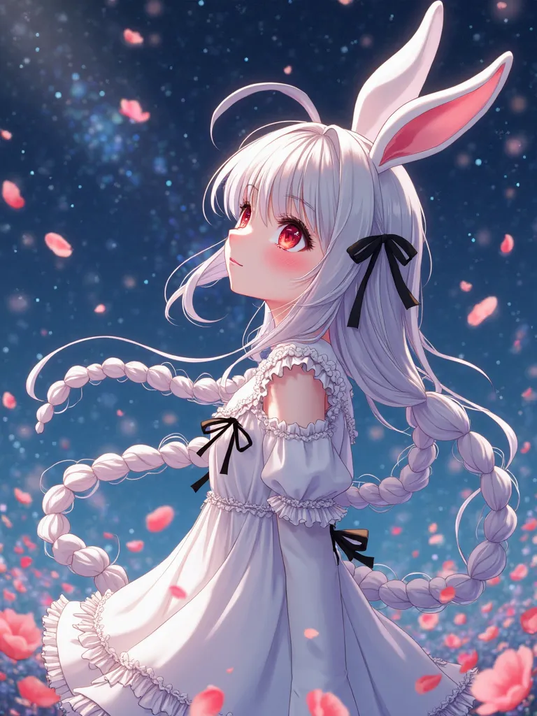 pretty girl with white skin,   big red eyes, long white hairy hair\( stylish hair adorned with large black hair ribbons  braids\)  with white rabbit ears ,    、 Hashimoto Kanna in a white ruffle dress  ,   look up at the sky , sting in a glass field with c...