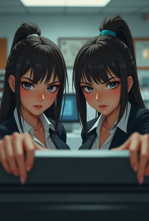 two girls look intently and suspiciously at the camera one girl is fat they all work in the office