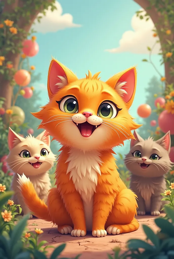 cartoon orange cat happy with friends