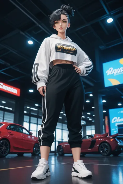  High Resolution,   boyish ,   1 girl,  black hair, Sporty shortcuts,   asymmetrical hairstyle  ,  Asymmetrical bangs,   yellow eyes,  There are three circles in the middle of the eye,  Skater Style Street Fashion, slightly oversized bottoms, standing, fut...