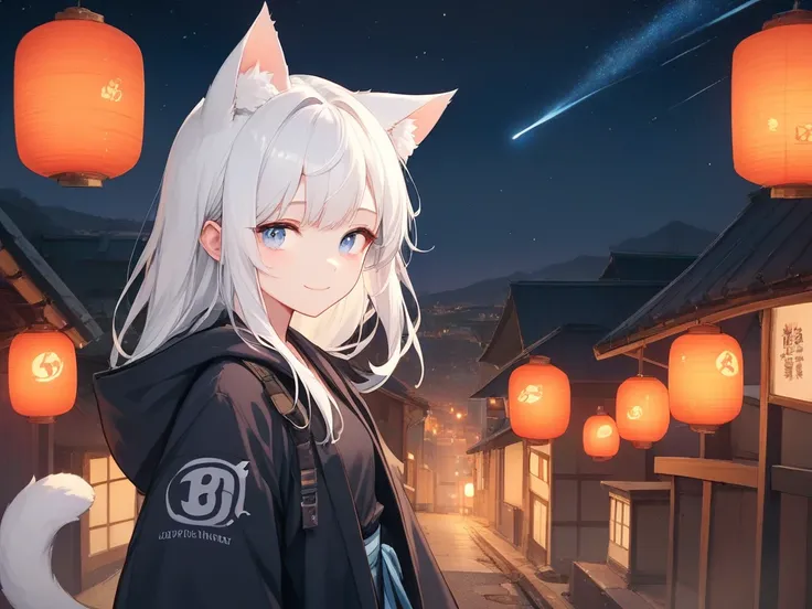 The expression stands against the Japanese-style townscape at night、White-haired cat-eared girl。
Her hair is long and straight、the tips of her hair are shining softly、her hair is softly swaying。
She has clear light blue eyes、and her expression has a gentle...