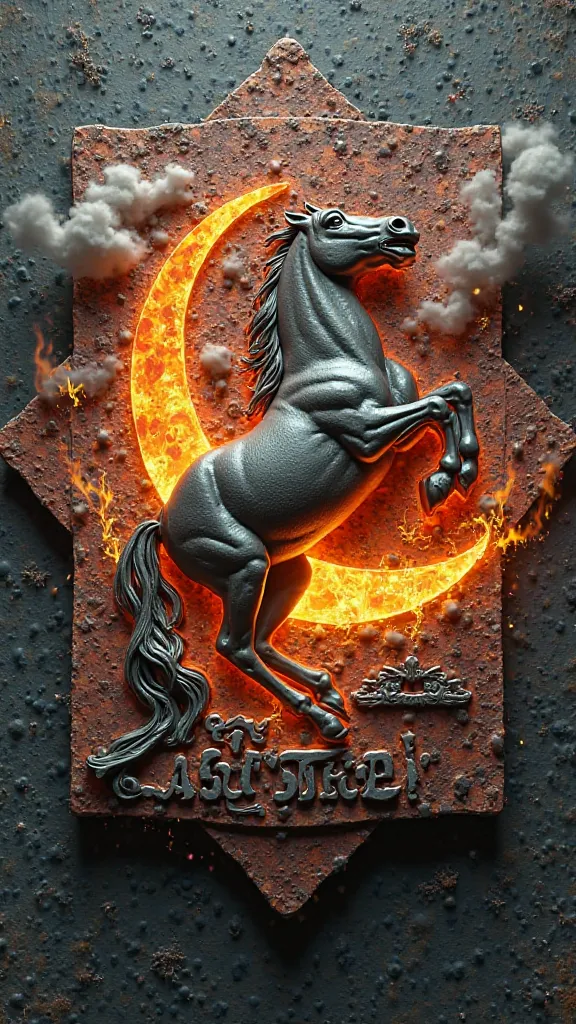 Create a round 3d logo with the name Abu Talel and write  , WITH Kuwaiti FLAG background combined with a horse and storm and fire effect on a leather background