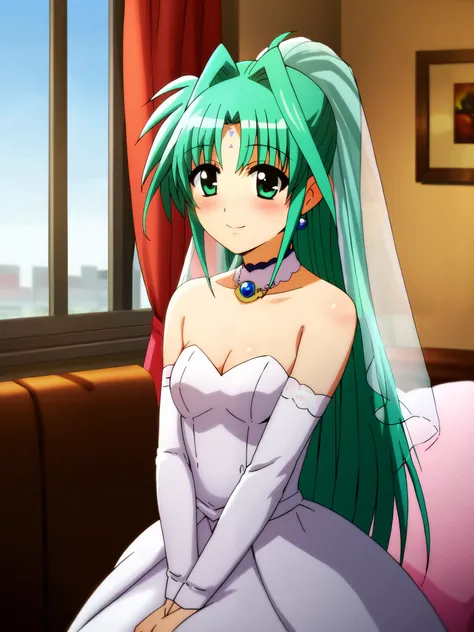 (one girl), Alone, Lindy,  green hair, Forehead Mark ,  long hair,  green eyes, Ponytail, (face focus), small breasts, cleavage, (wedding dress), (shy:1.1), (blush), (smile), (I'm fascinated:1.1), (incoming kiss:1.2), ( wedding venue from the window),  sco...