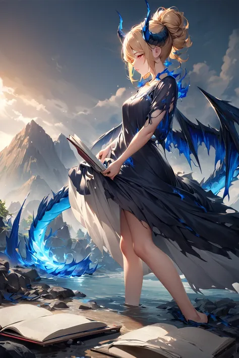 A woman stands in the background of a mountain covered with blue flames。２Big horns on a book, long blonde hair up to the feet, red eyes、The black dragon's tail is growing and the black dragon's wings are spread wide。I'm wearing a white torn and dirty dress...